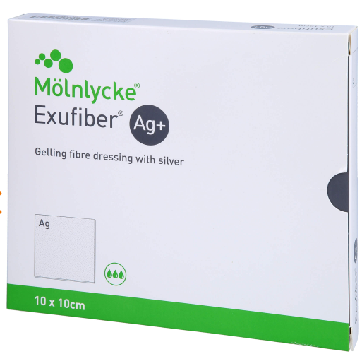 Exufiber Ag+, gelbildender Faserverband, 10x10cm (10 Stk)