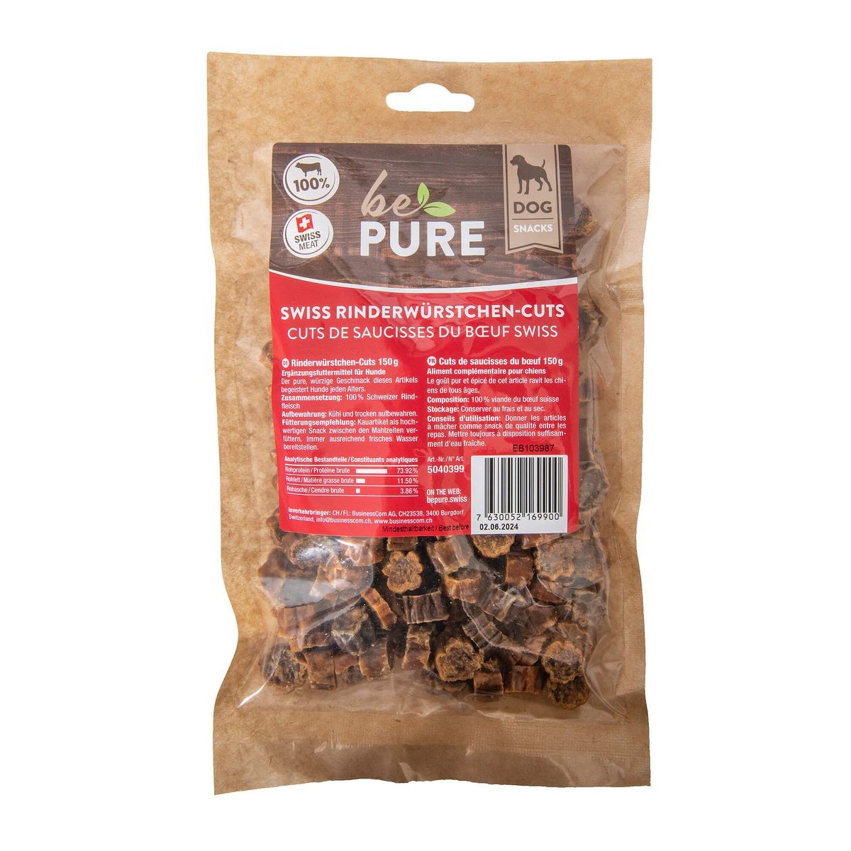 bePure Swiss Rinderwürstchen​-​Cuts für Hunde (150g)