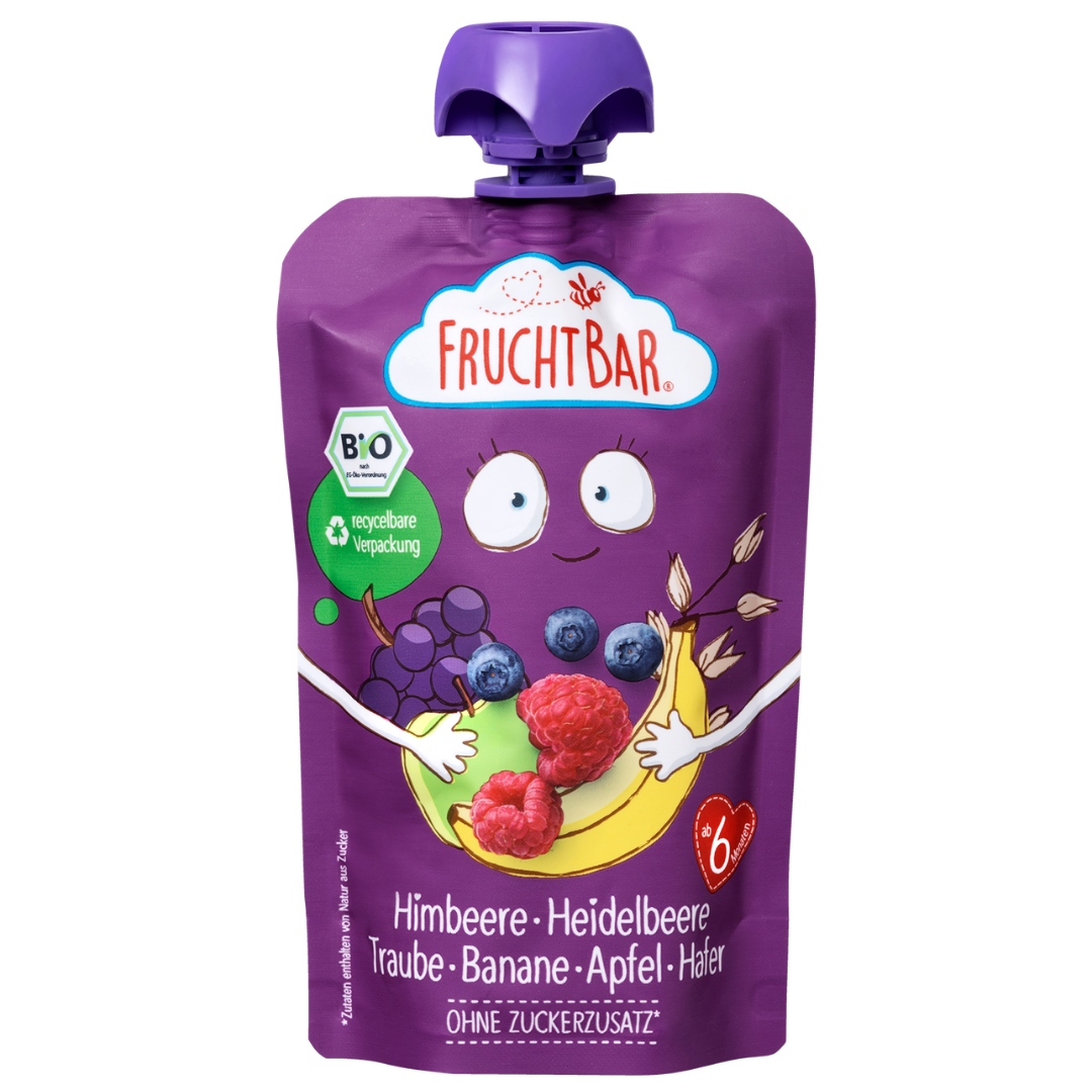 FRUCHTBAR Bio Fruchtpüree Himbeere Heidelbeere Traube Banane (100g)