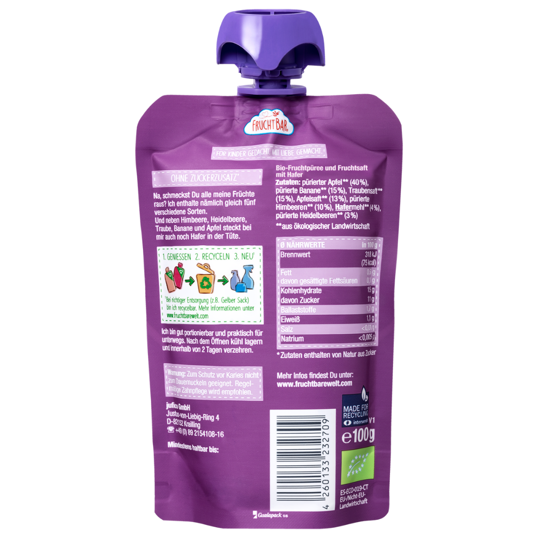 FRUCHTBAR Bio Fruchtpüree Himbeere Heidelbeere Traube Banane (100g)