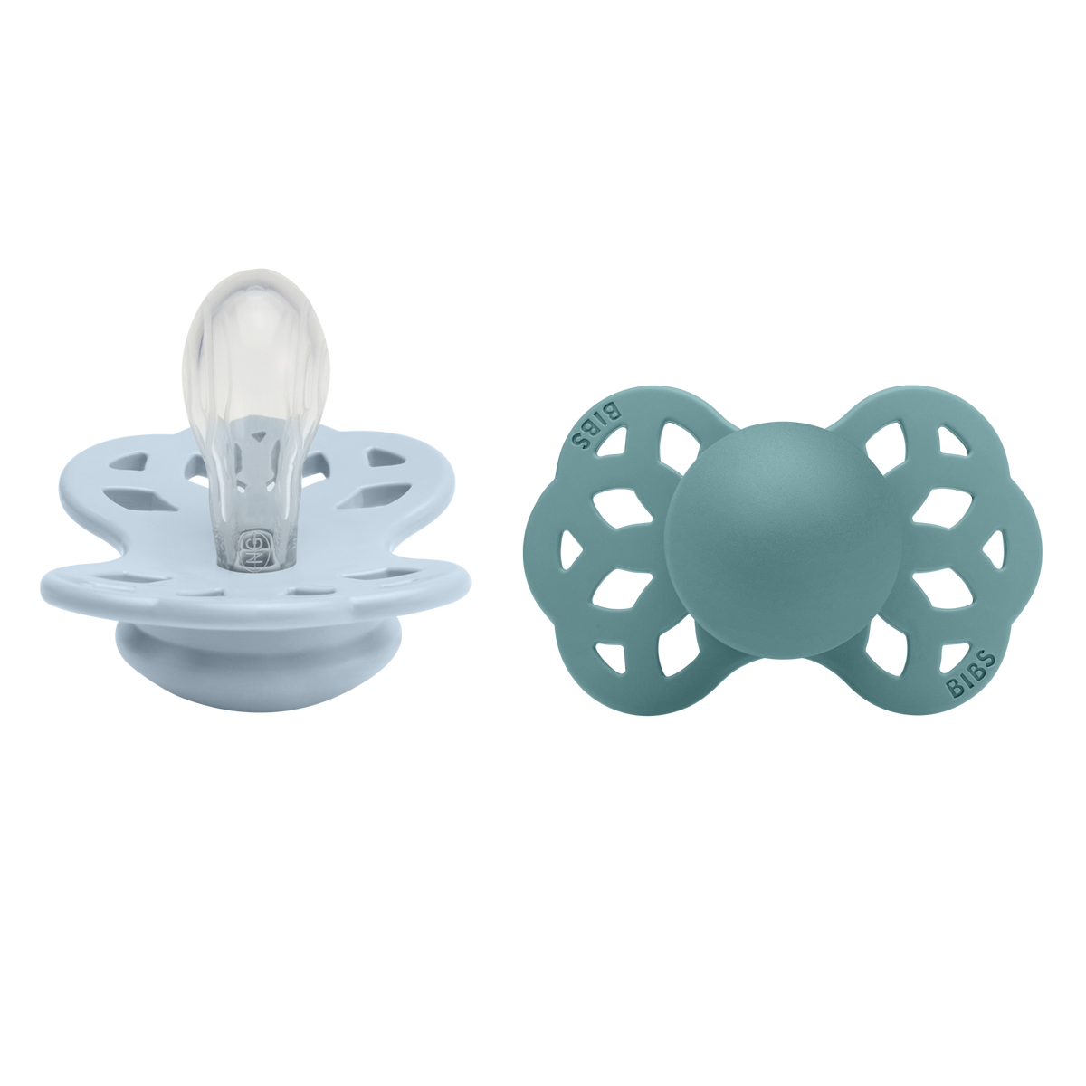 BIBS Infinity Schnuller, Silicone, Symmetrisch, 0-6 Monate, Baby Blue/Island Sea (2 Stk)