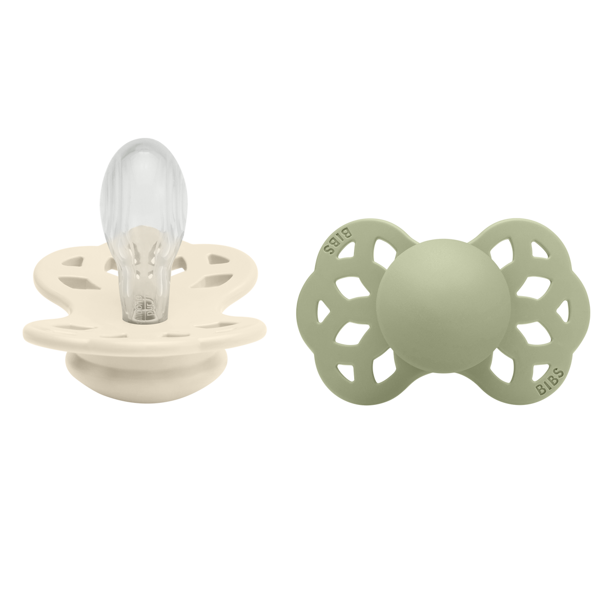 BIBS Infinity Schnuller, Silicone, Symmetrisch, 6-12 Monate, Ivory/Sage (2 Stk)