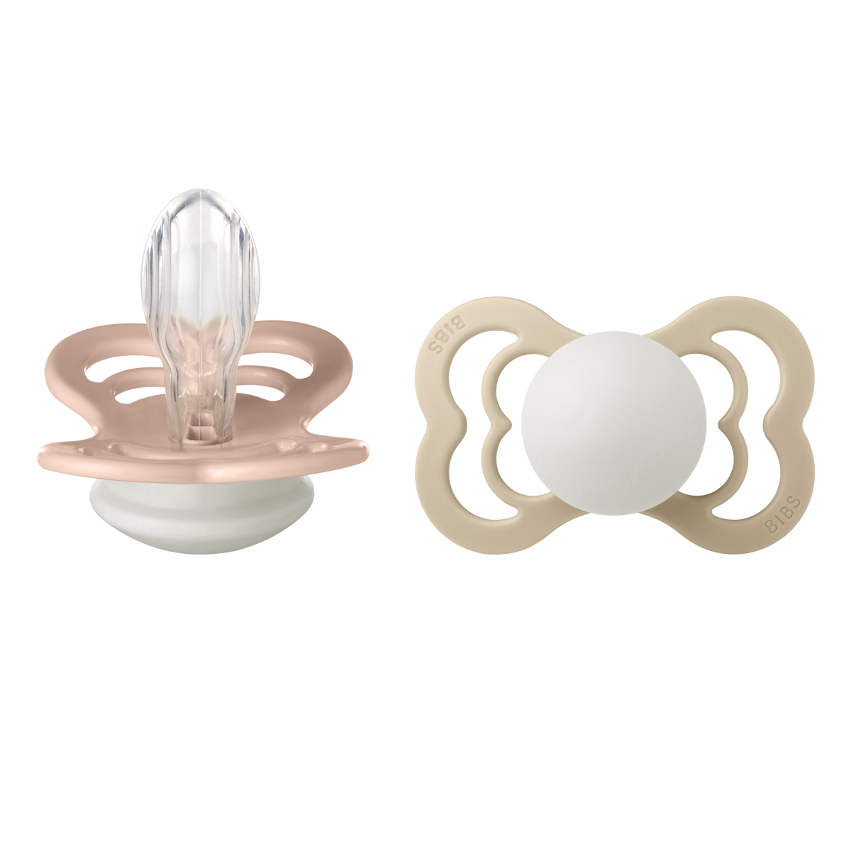 BIBS Supreme Schnuller, Silicone, Symmetrisch, 6-12 Monate, Blush GLOW/Vanilla GLOW (2 Stk