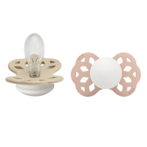 BIBS Infinity Schnuller, Silicone, Symmetrisch, 6-12 Monate, Vanilla GLOW/Blush GLOW (2 Stk)