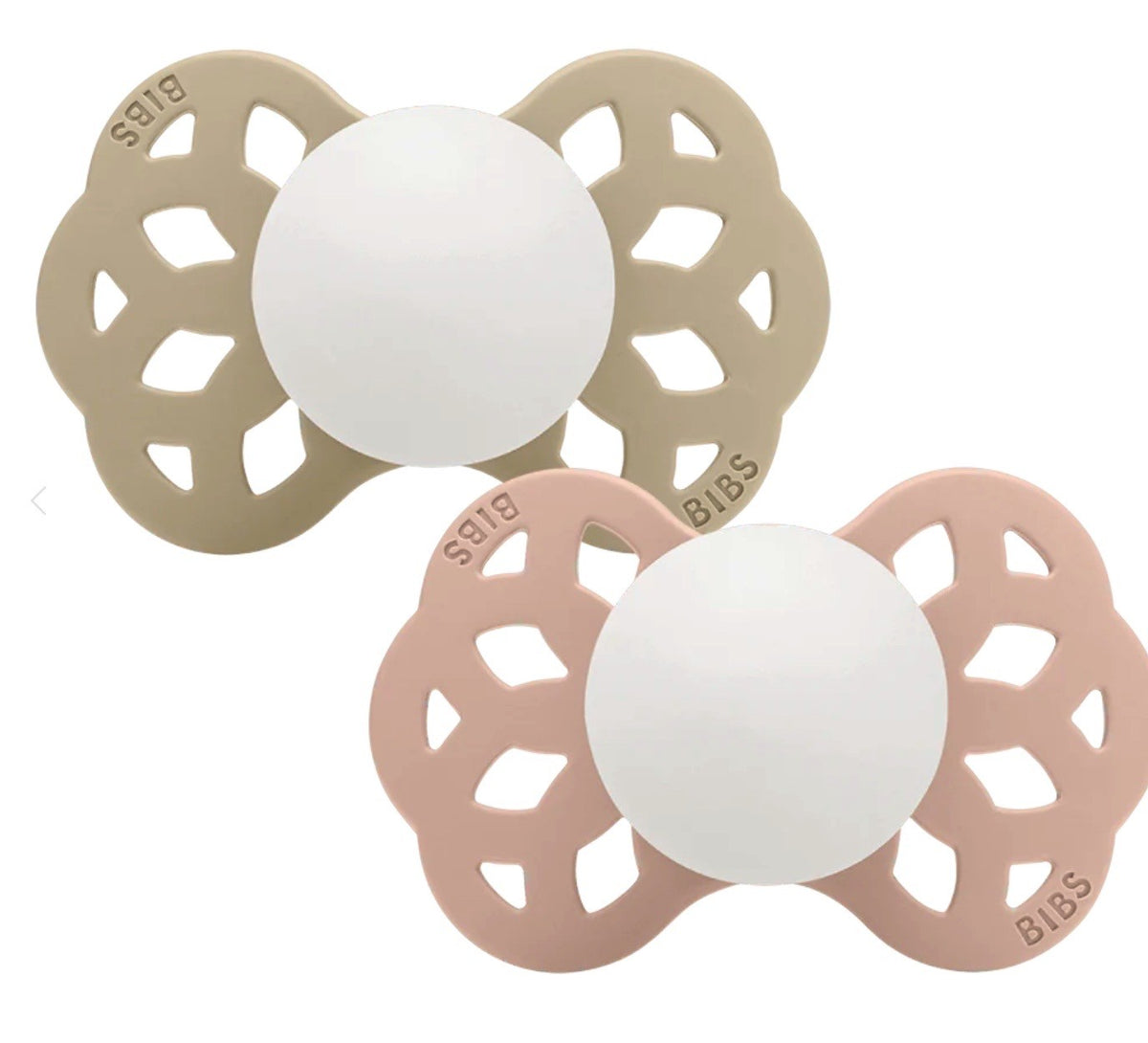 BIBS Infinity Schnuller, Silicone, Symmetrisch, 6-12 Monate, Vanilla GLOW/Blush GLOW (2 Stk)
