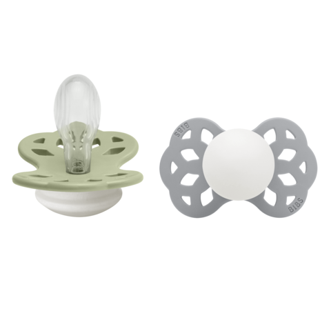 BIBS Infinity Schnuller, Silicone, Symmetrisch, 6-12 Monate, Sage GLOW/Cloud GLOW (2 Stk)