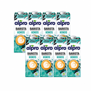 8 Packungen alpro Barista Kokos in zwei versetzten Viererreihen