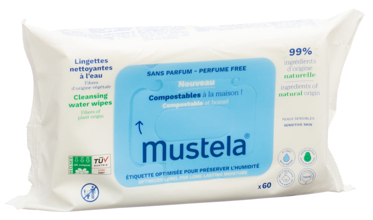 MUSTELA kompostierbare Feuchttücher mit Wasser (60 Stk)