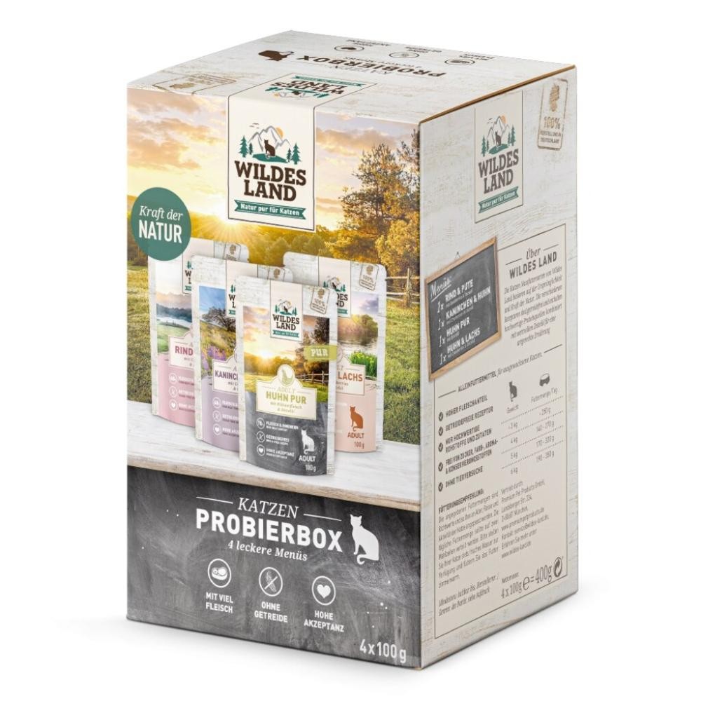 WILDES LAND Fel Adult Pouch Probierbox, Nassfutter für Katzen (4x100g)