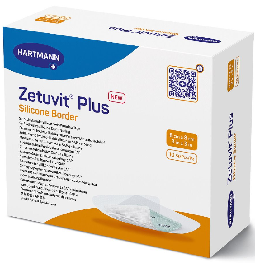 ZETUVIT Plus selbstklebende Silikon-SAP-Saugkompresse 8x8cm (10 Stk)