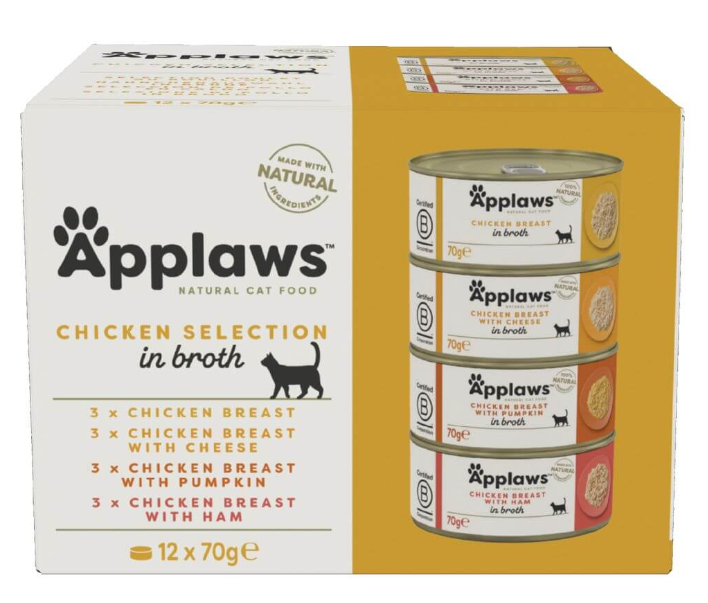 Applaws Nassfutter Multipack mit Hühnchenbrust, Käse, Kürbis und Schinken (12x70g)