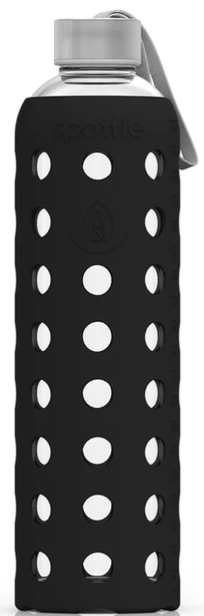 Spottle Glasflasche mit Silikonhülle schwarz, 1 Liter, Edelstahldeckel (1 Stk)