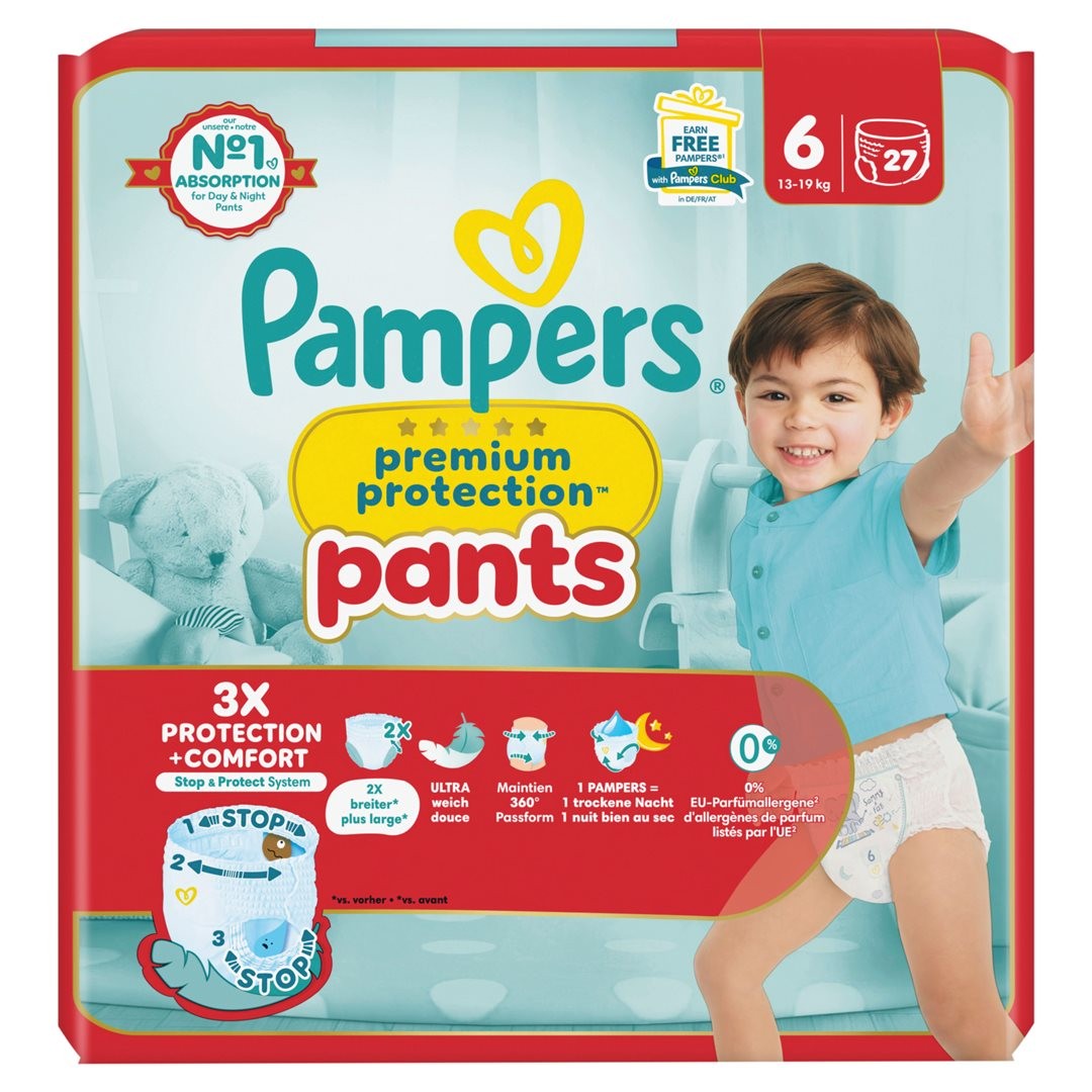 Pampers Premium Protection Pants, Grösse 6, 13-19kg Extra Large, Sparpack (27 Stk)