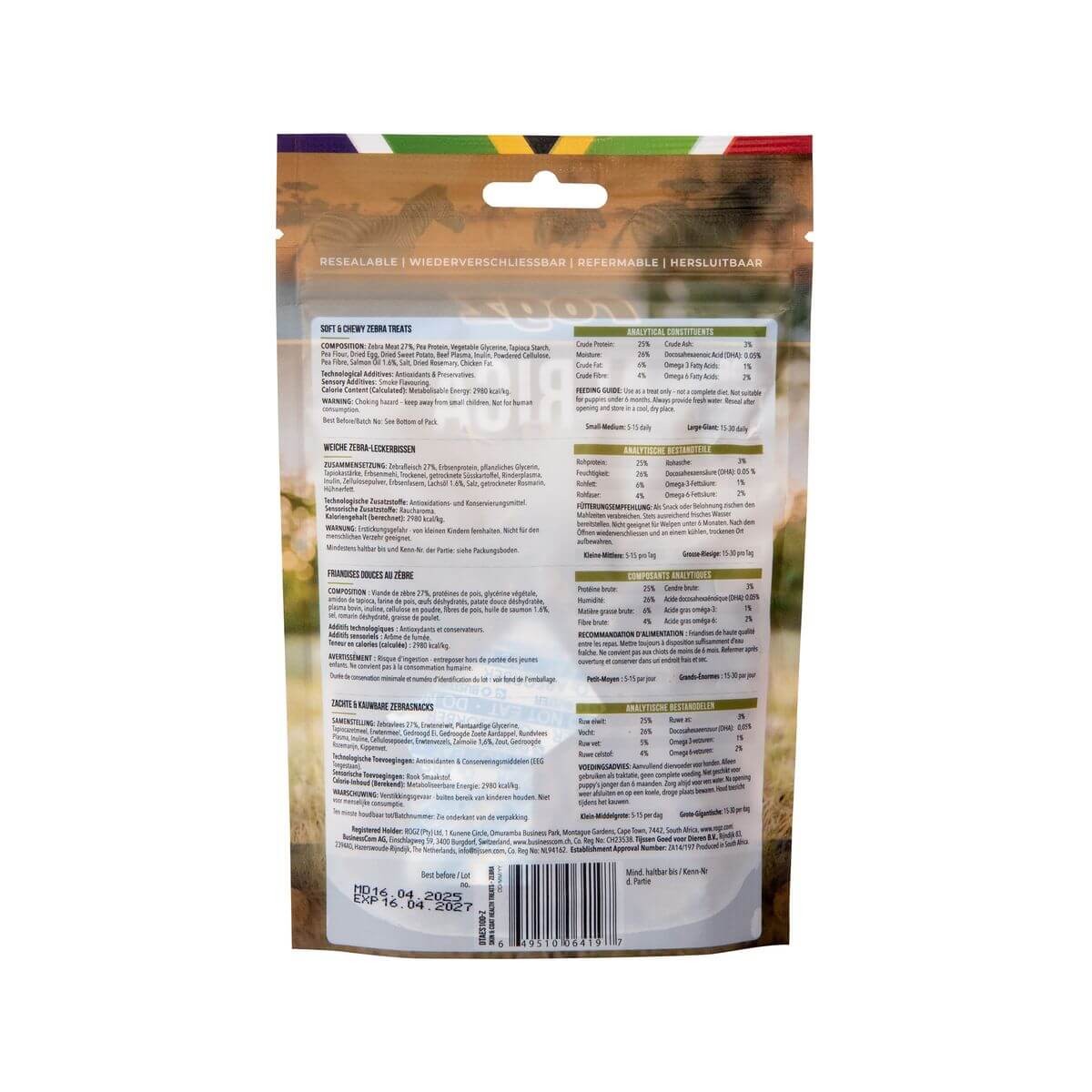 rogz Africa Exotic Skin ​& Coat Help Zebra Snack für Hunde (115g)