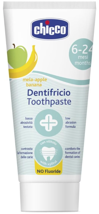 Chicco Zahnpasta mit Apfel/Bananengeschmack, 6-24 Monate, ohne Fluorid (50ml)