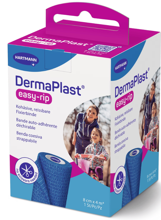 DermaPlast easy-rip Kohäsive, reissbare Fixier- und Stützbinde, 8cmx4m blau (1 Stk)