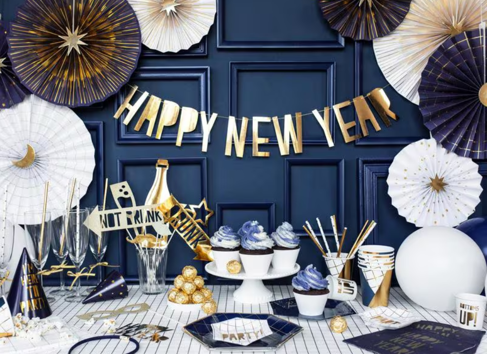 Partydeco Girlande Happy New Year Gold, 90x10cm (1 Stk)