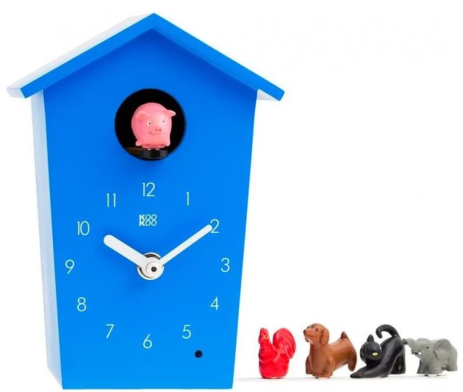 Kookoo AnimalHouse blau, kleine Kuckucksuhr mit Tierstimmen, 16x11x9cm (1 Stk)