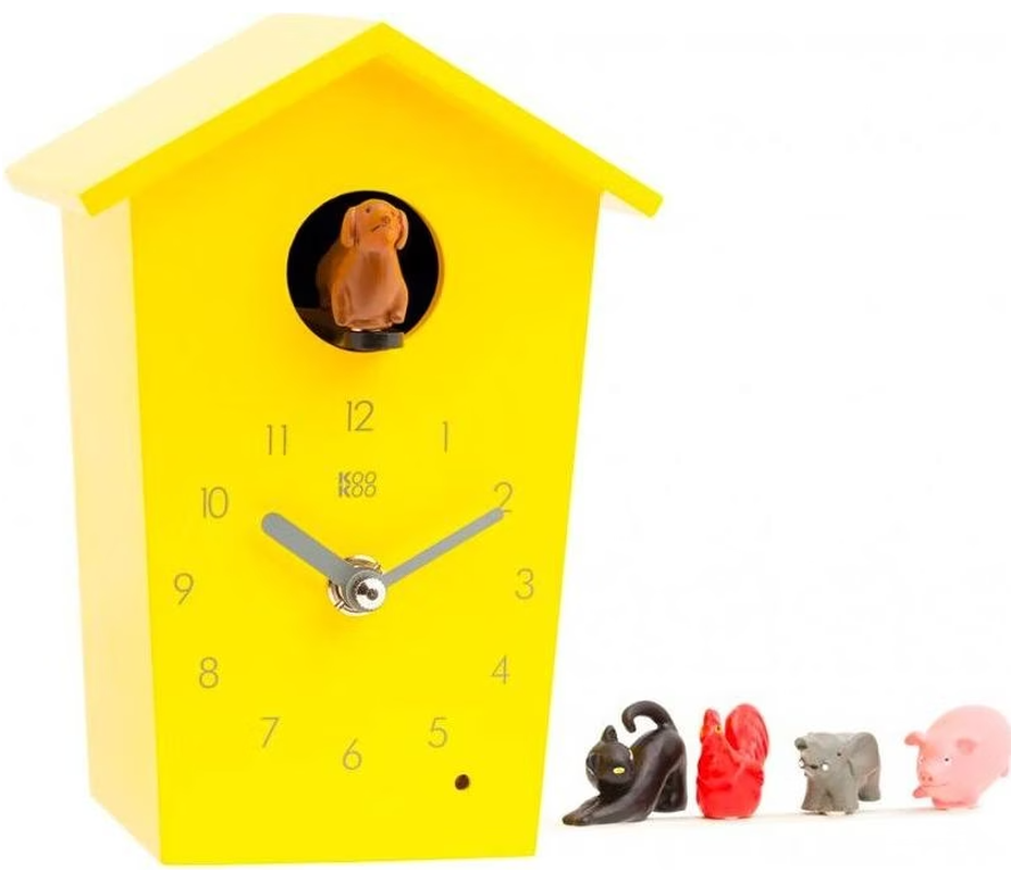 Kookoo AnimalHouse gelb, kleine Kuckucksuhr mit Tierstimmen, 16x11x9cm (1 Stk)