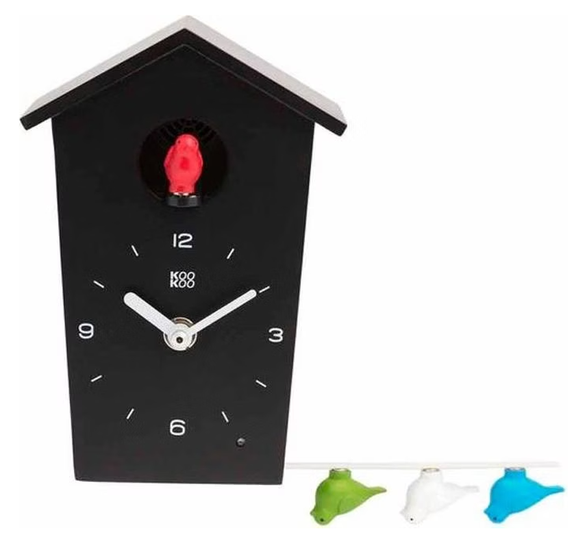 Kookoo Birdhouse mini schwarz, kleine Kuckucksuhr mit Vogelstimmen, 16x12x9cm (1 Stk)