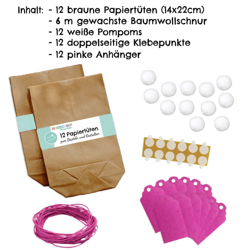 Papierdrachen Set Osterhasen Tüten mit Pompom, pinke Etiketten (50-teilig)