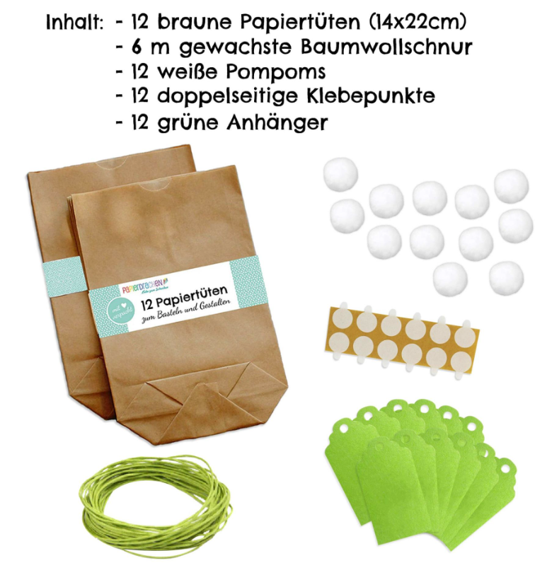 Papierdrachen Set Osterhasen Tüten mit Pompom, grüne Etiketten (50-teilig)