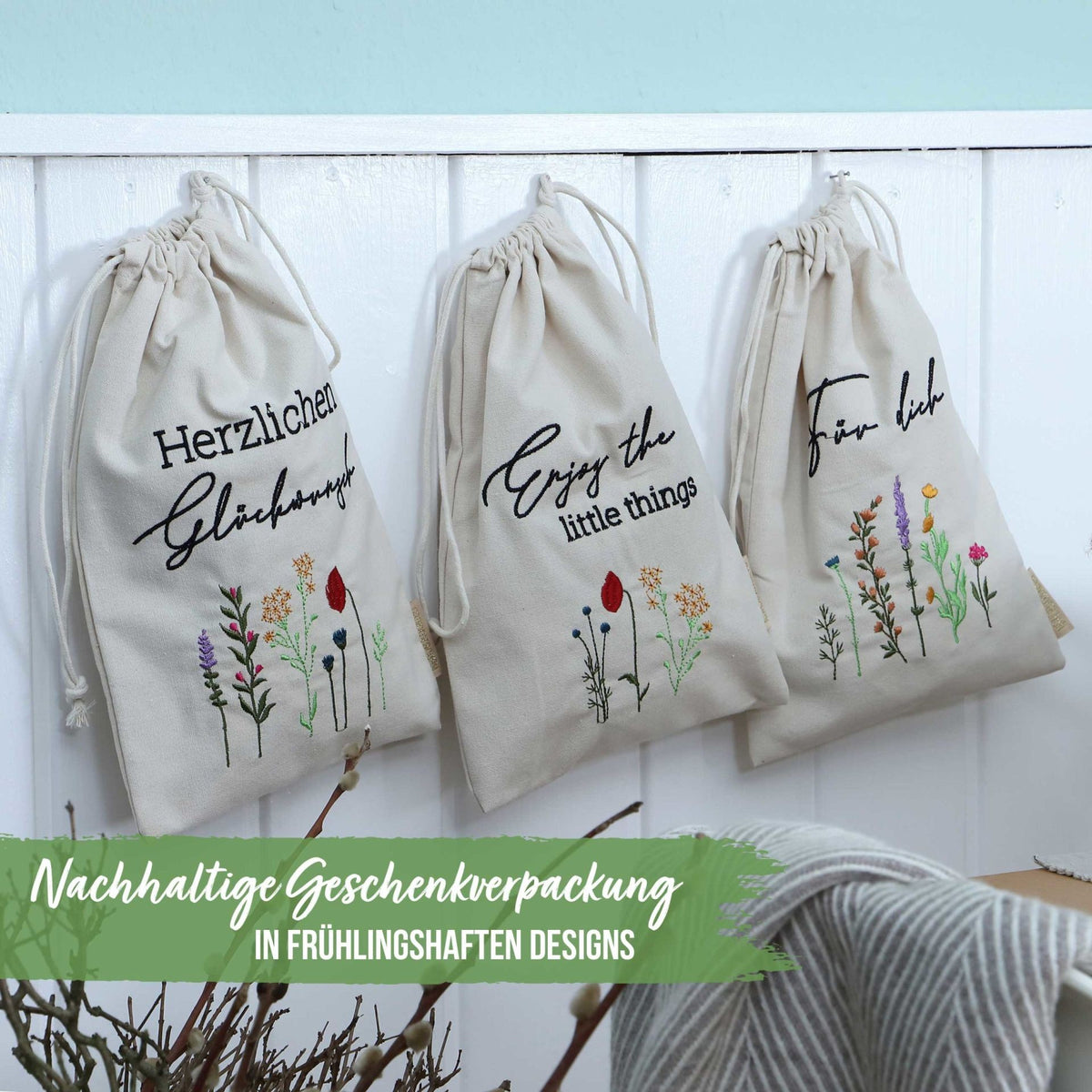 Papierdrachen Oster-Leinensäckchen mit Blumenmotiv, 20x30cm (3 Stk)