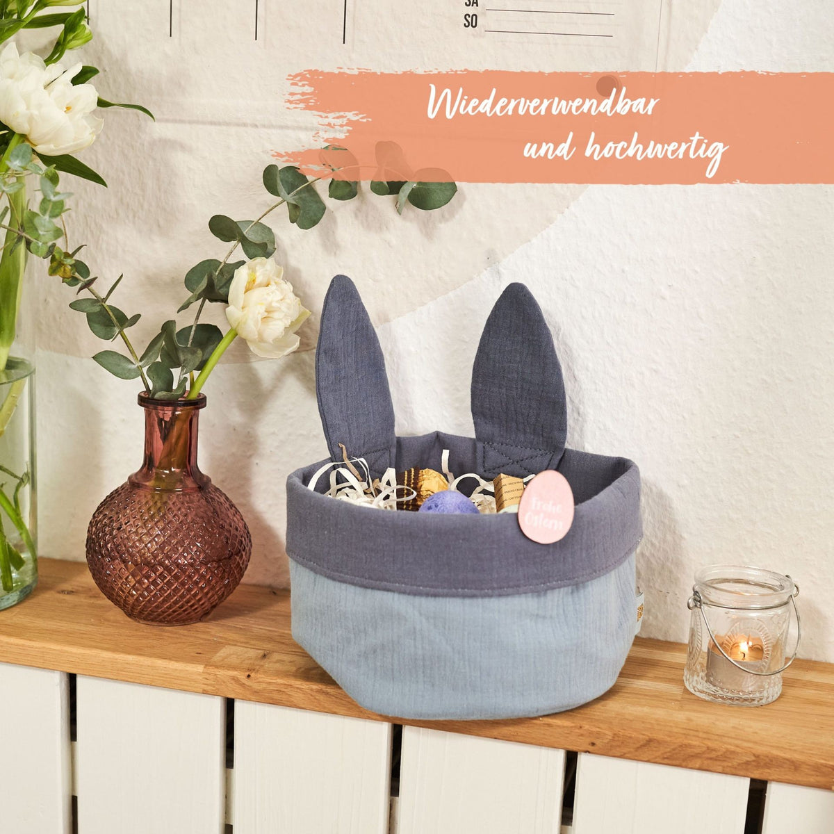 Papierdrachen Osternest mit Hasenohren Musselin, graublau (1 Stk)