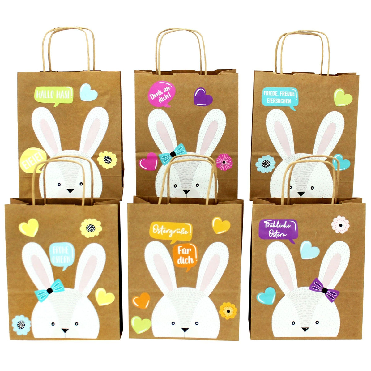 Papierdrachen XXL Ostertüten braun mit Hasengesichtern bunt, 18x22cm (6 Stk)