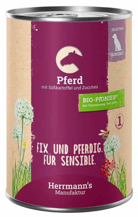 Herrmann’s Pferd mit Süsskartoffel und Zucchini, Nassfutter für Hunde (400g)