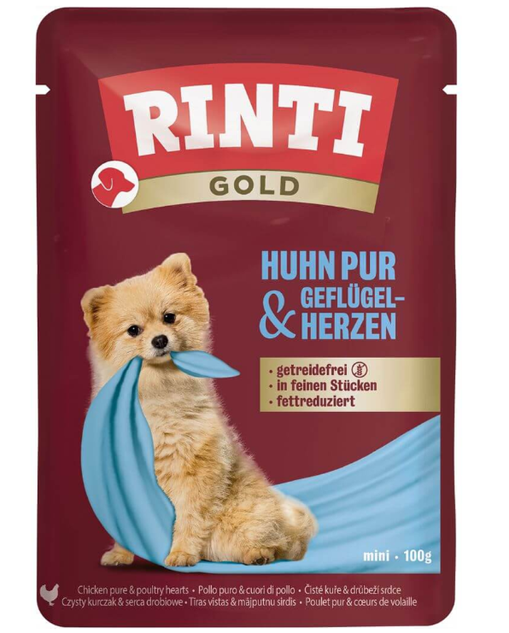 Rinti Huhn Pur und Geflügelherzen Nassfutter für Hunde (100g)