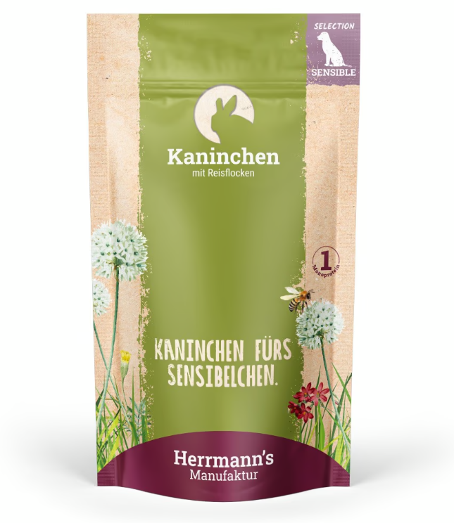 Herrmann’s Kaninchen mit Reisflocken, Nassfutter für Hunde (150g)
