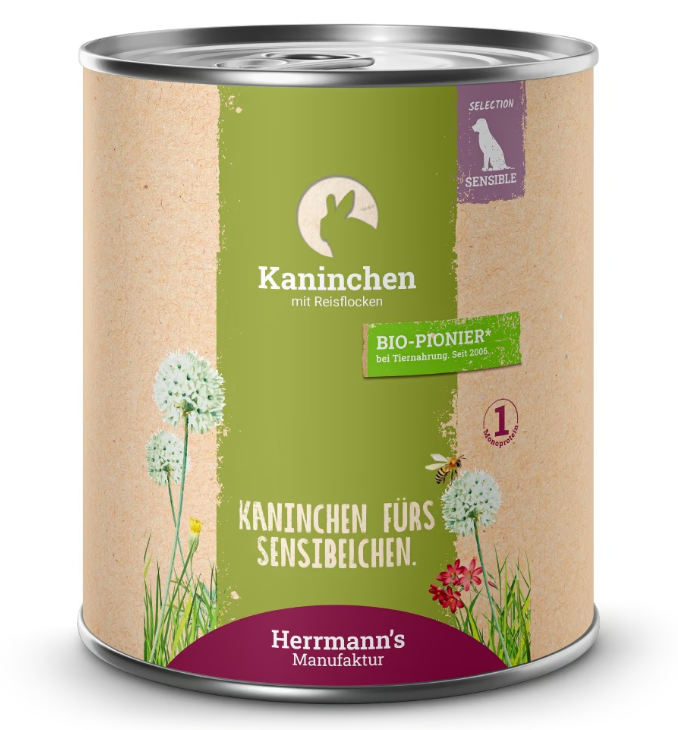 Herrmann’s Kaninchen mit Reisflocken, Nassfutter für Hunde (800g)