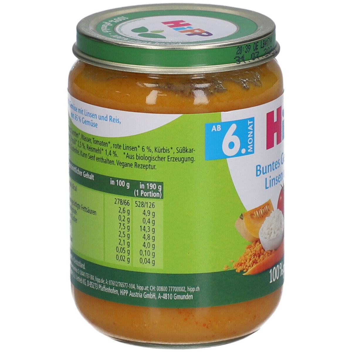 Hipp Bio Gemüse mit Linsen und Reis (190g)
