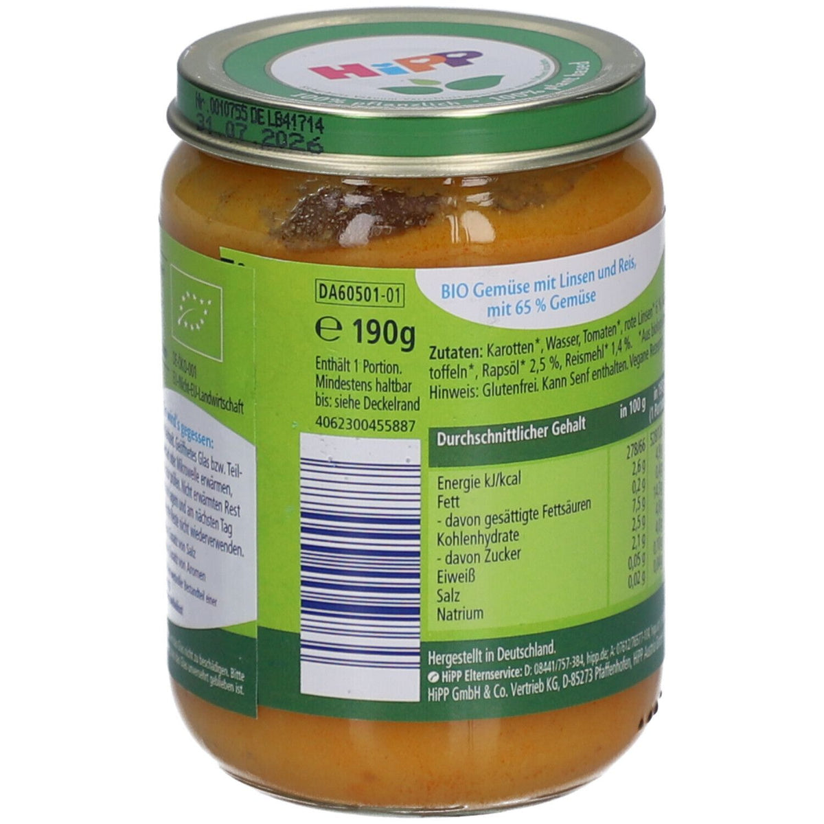 Hipp Bio Gemüse mit Linsen und Reis (190g)