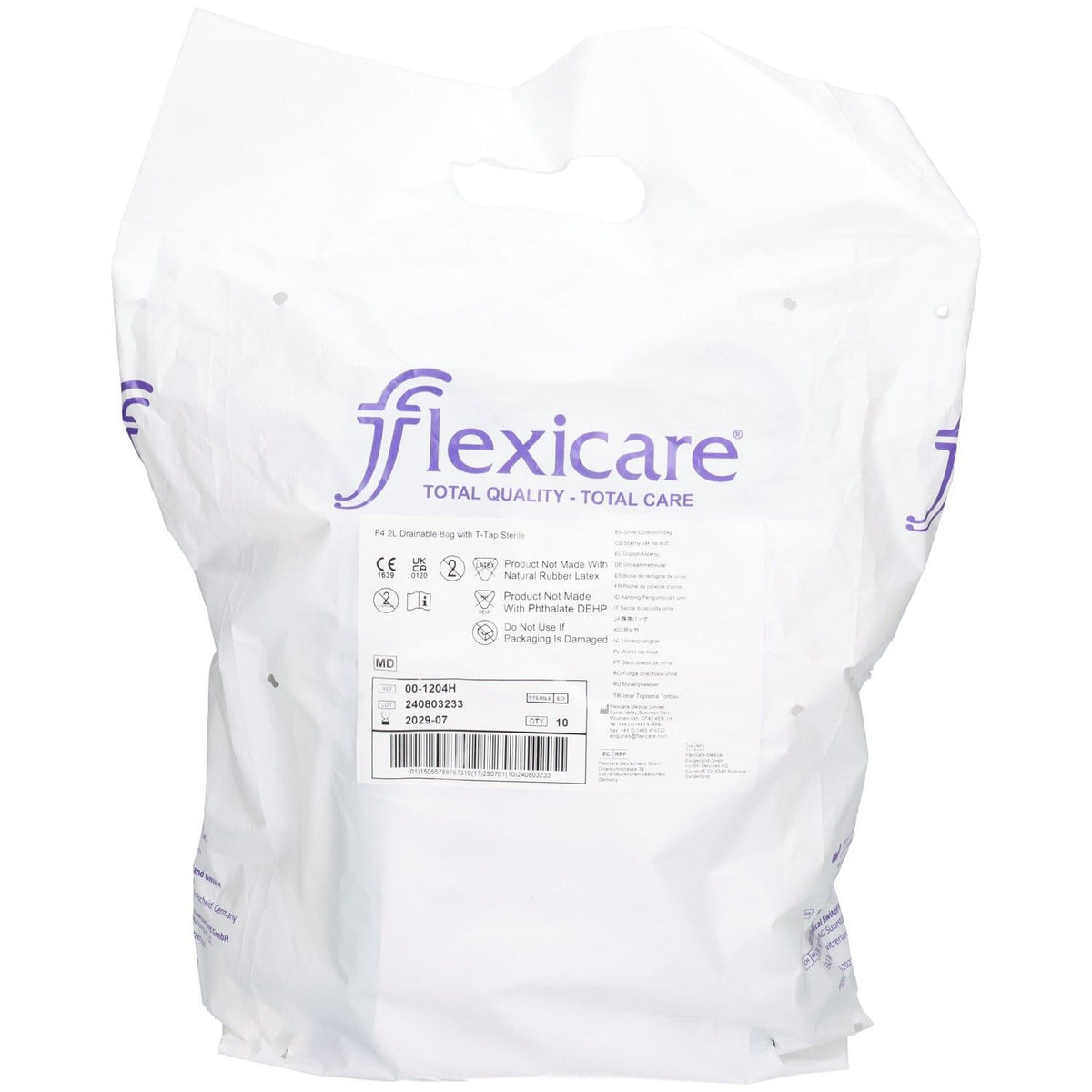 Flexicare Urinbeutel 2l mit Ablauf und Rücklaufventil, Schlauch 100cm (10 Stk)