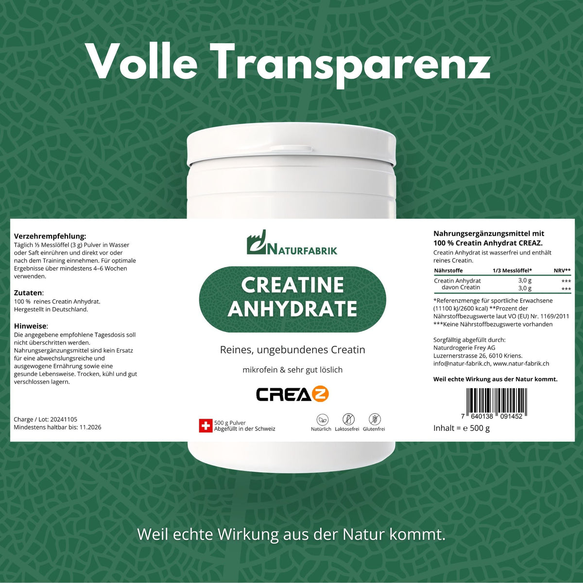 NATURFABRIK Creatine Anhydrat Pulver (500g)