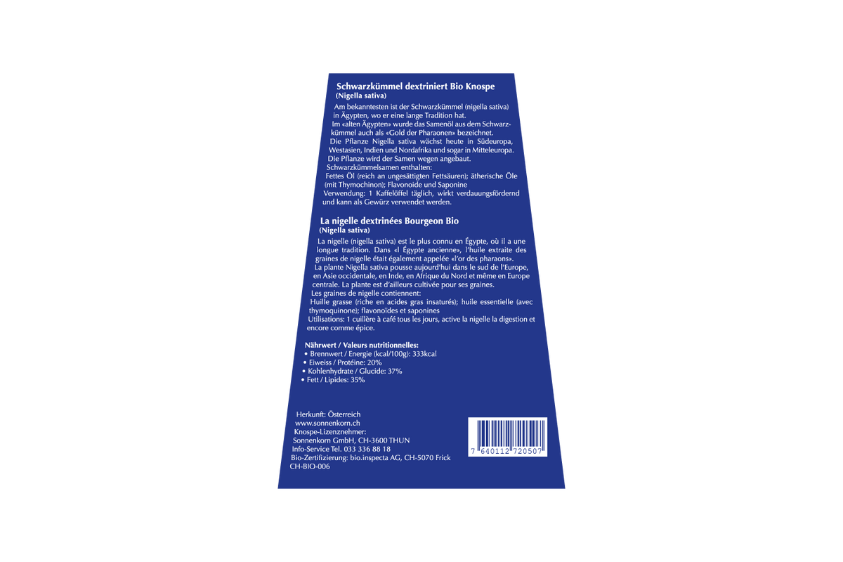 SONNENKORN Schwarzkümmel dextriniert Bio Knospe (100g)