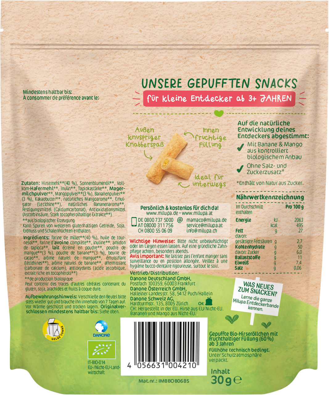 Milupa Bio Knusperröllchen Banane Mango 3+ (30g)