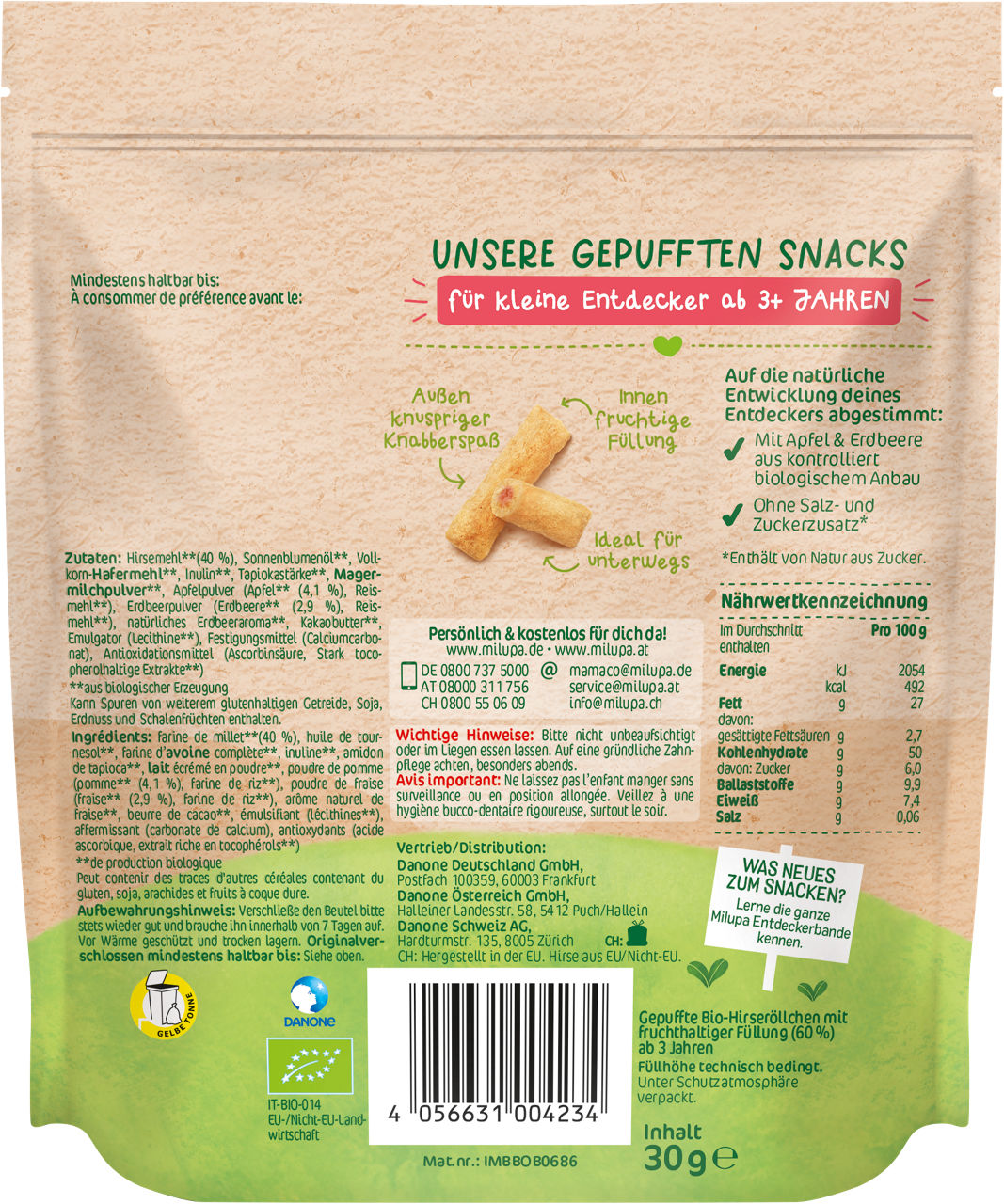 Milupa Bio Knusperröllchen Apfel Erdbeere 3+ (30g)
