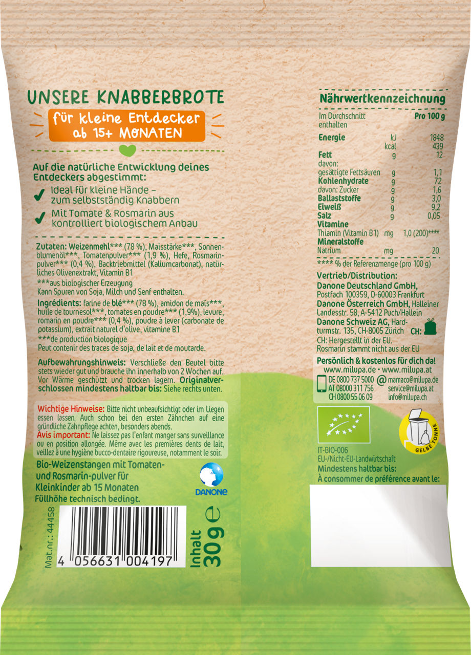 Milupa Bio Knabberbrote Tomate Rosmarin ab 15 Monaten (30g)