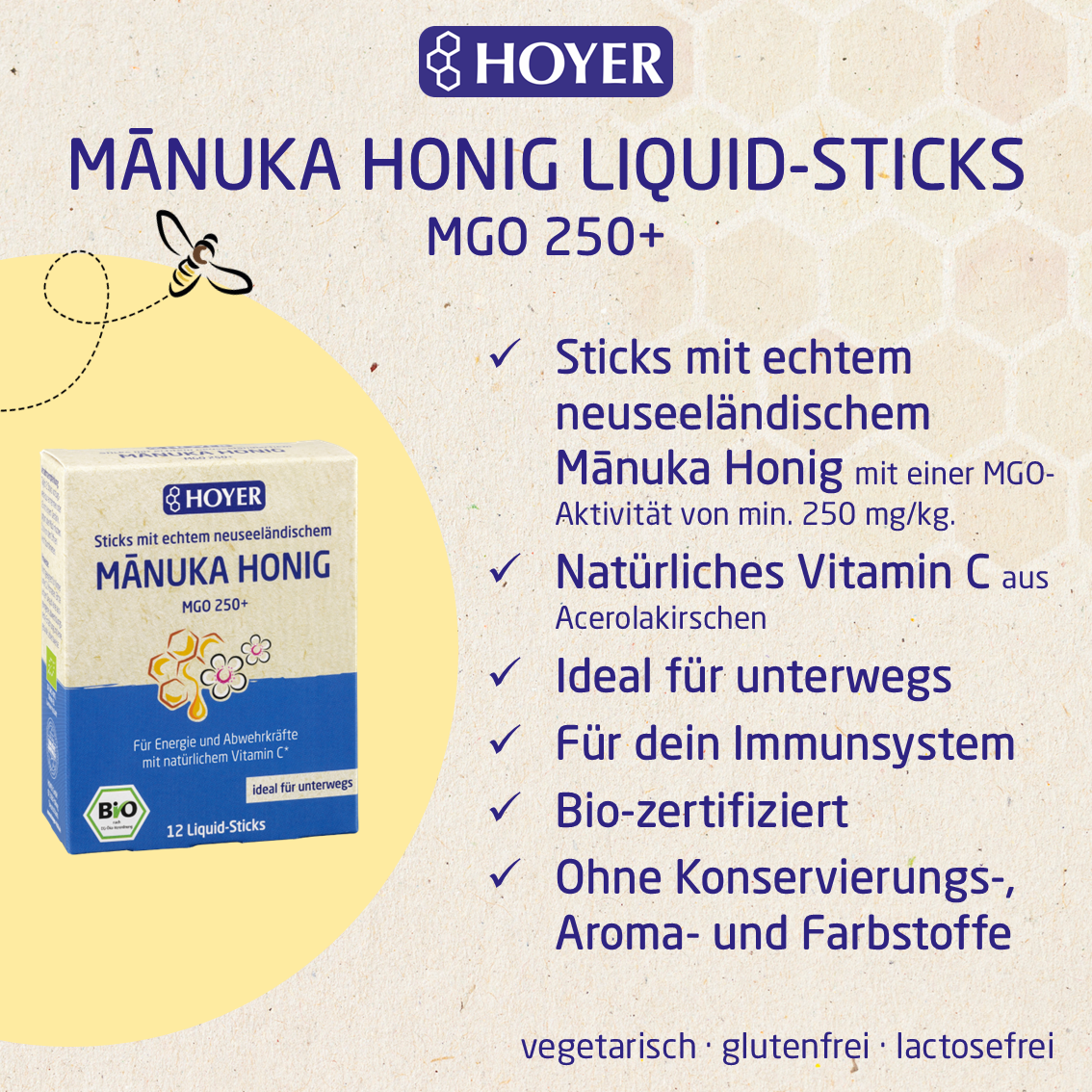 HOYER Manukahonig MGO 250+ Liquid Sticks (12 Stk)