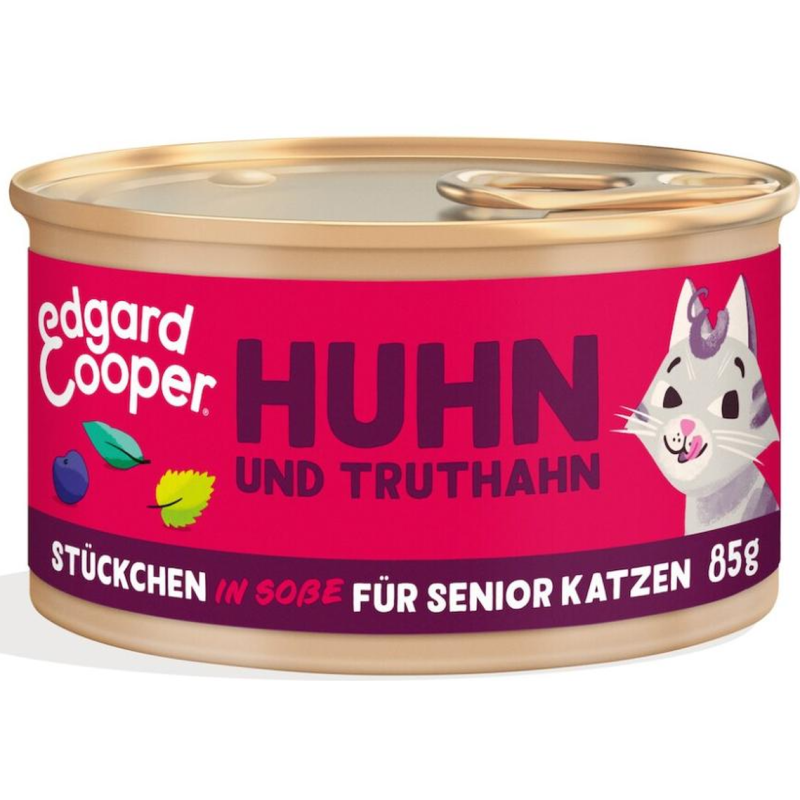 Edgard & Cooper Nassfutter für Senior Katzen, Truthahn & Huhn mit Blaubeeren in Sauce (18x85g)