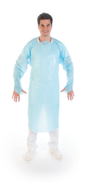 Hygostar Blouse de protection CPE 0.05mm bleue passe-pouces (100 pces)