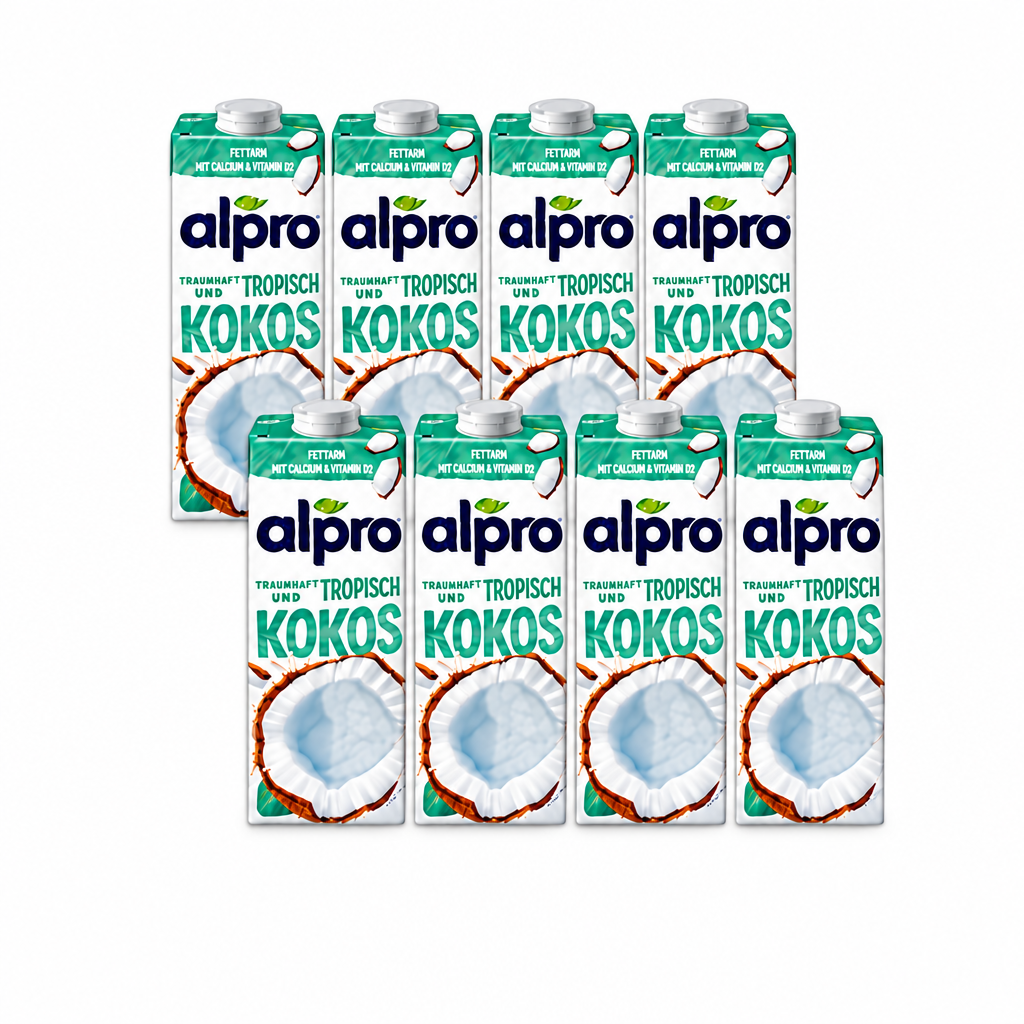 8 Packungen alpro Kokosnussdrink in zwei versetzten Reihen mit Abstand