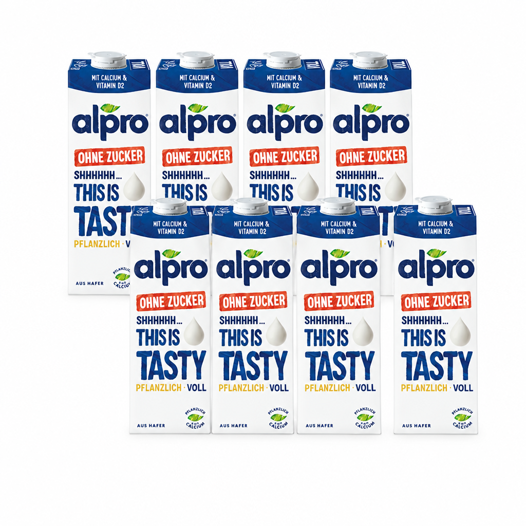 8 Packungen alpro this is tasty voll à 1 Liter in zwei versetzten Viererreihen