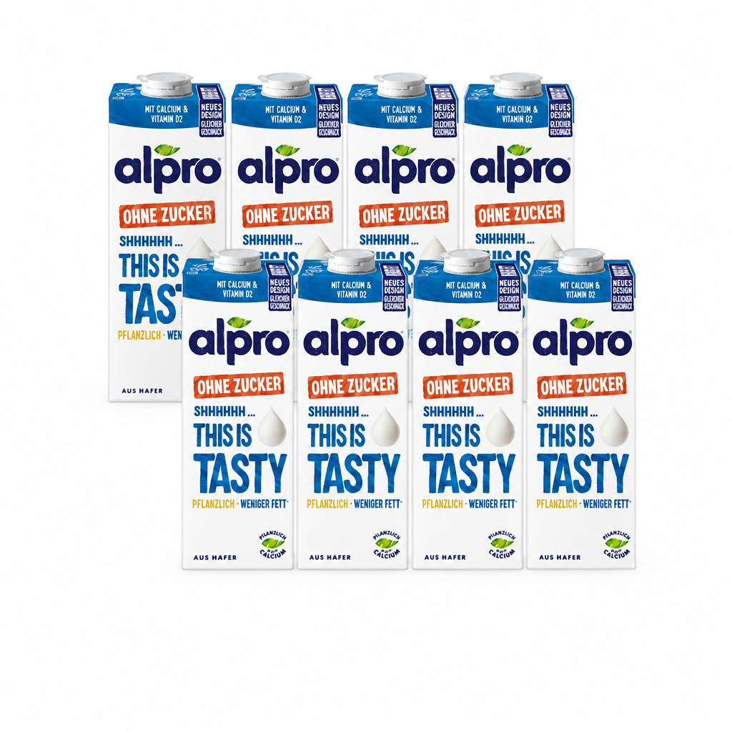 8 Packungen alpro this is tasty weniger Fett à 1 Liter in zwei versetzten Viererreihen