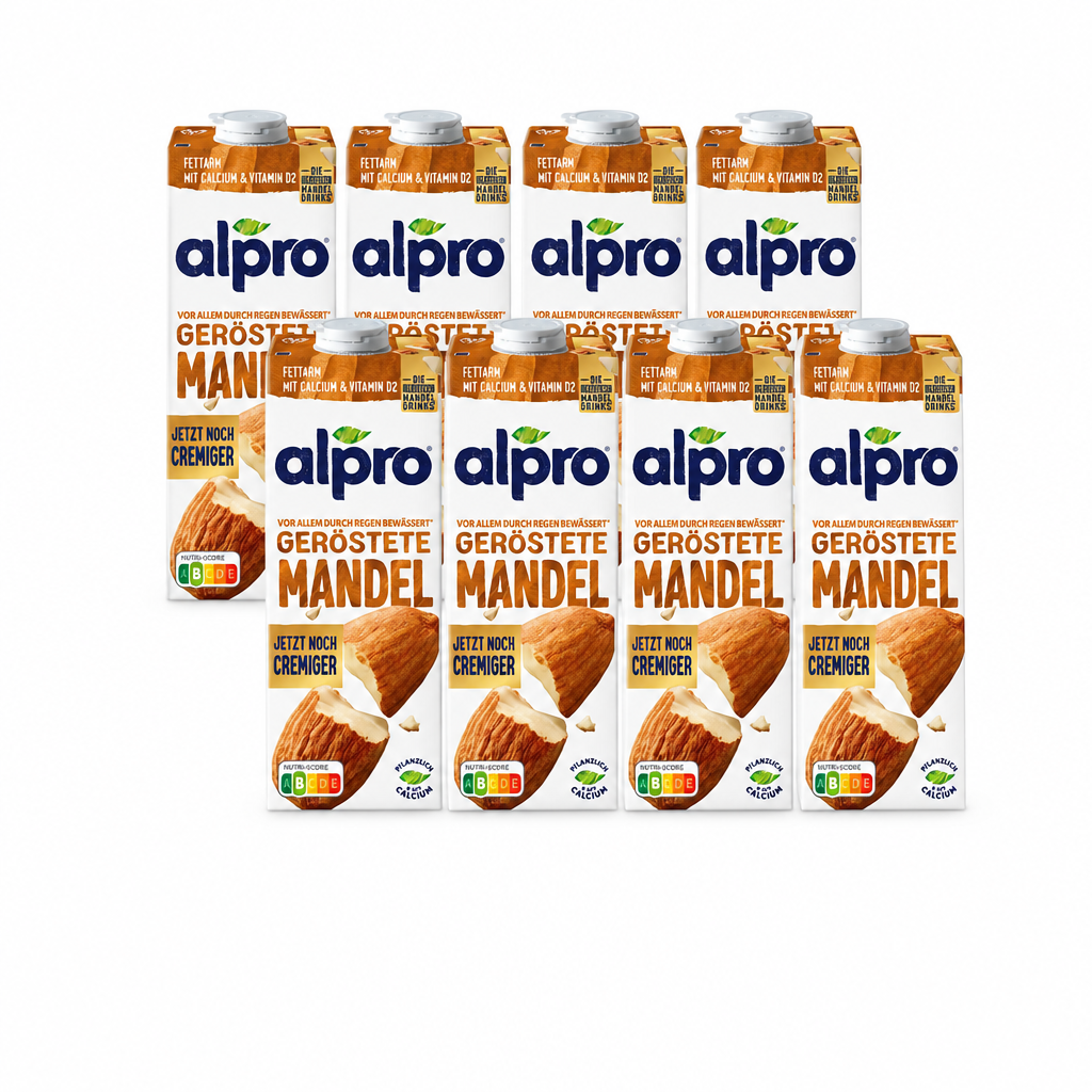8 Packungen alpro Mandeldrink à 1 Liter in zwei versetzten Viererreihen