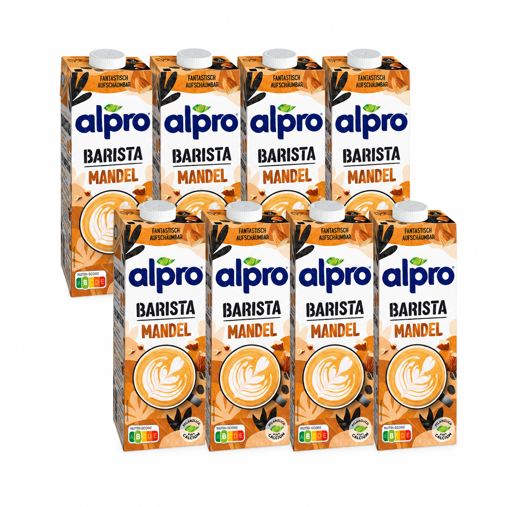 8 Packungen alpro Barista Mandel à 1 Liter in zwei versetzten Viererreihen