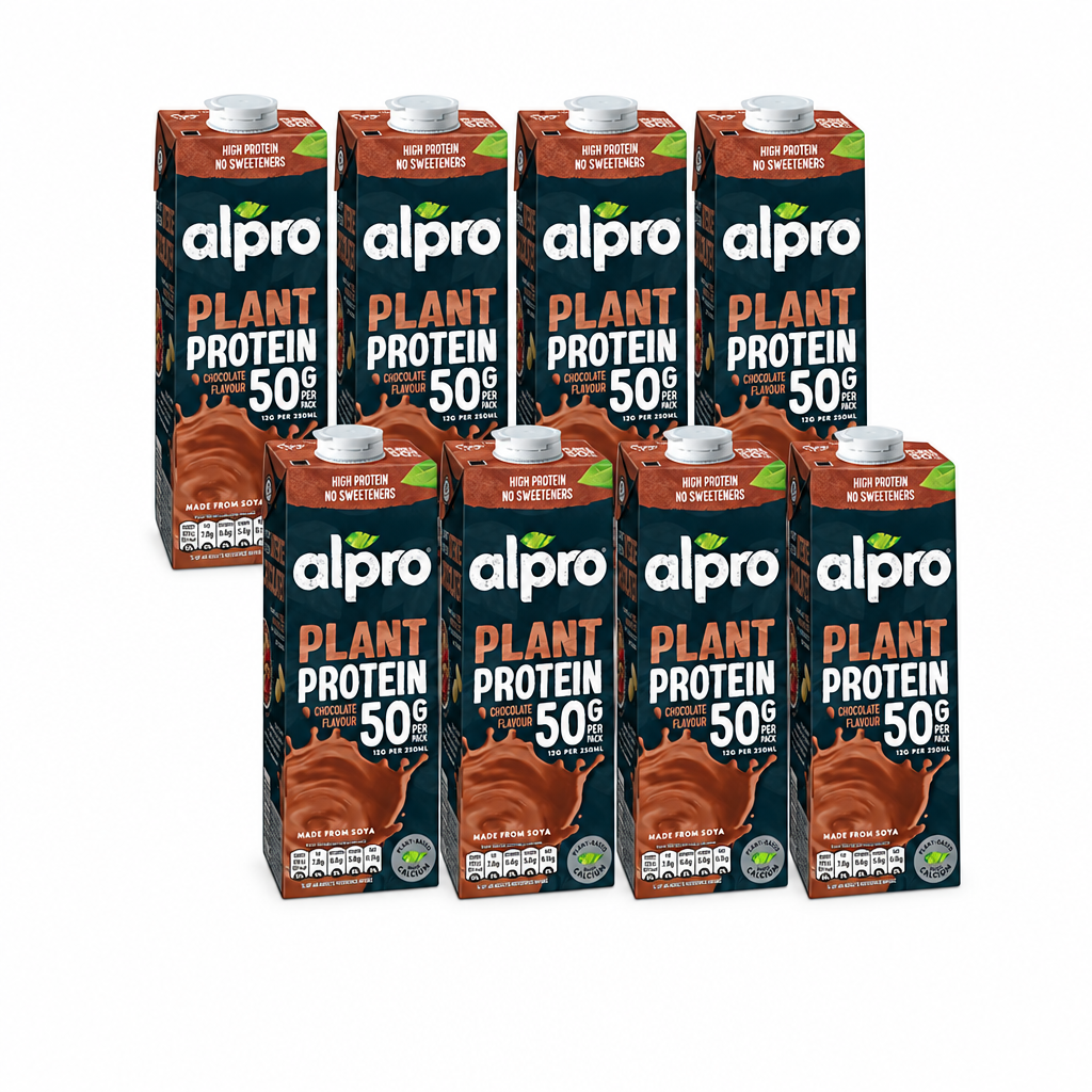 8 Packungen alpro Proteindrink Schokolade à 1 Liter in zwei versetzten Viererreihen